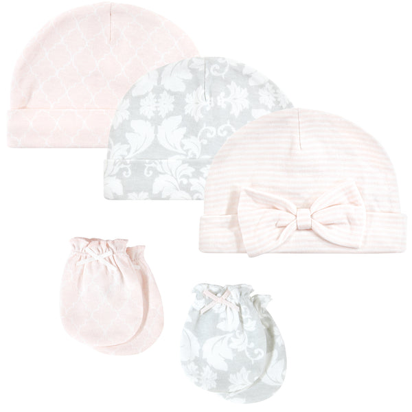 Hudson Baby Cotton Cap and Scratch Mitten Set, Damask, 0-6 Months