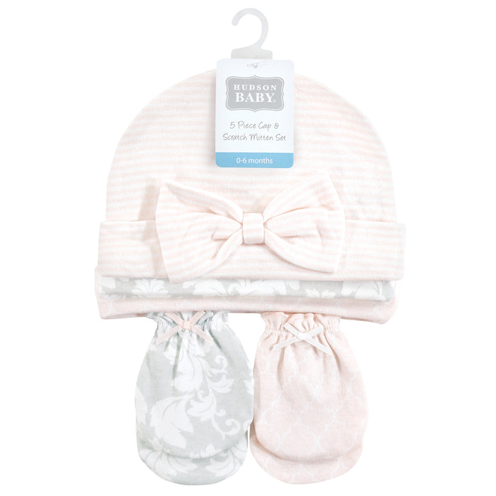 Hudson Baby Cotton Cap and Scratch Mitten Set, Damask, 0-6 Months