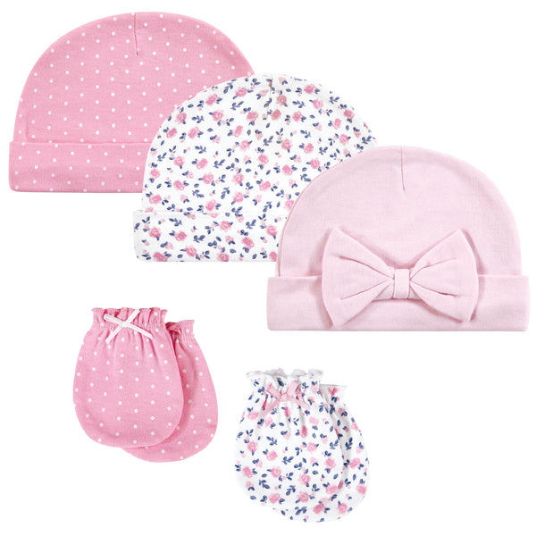 Hudson Baby Infant Girl Cotton Cap and Scratch Mitten Set, Blue Pink Floral, 0-6 Months