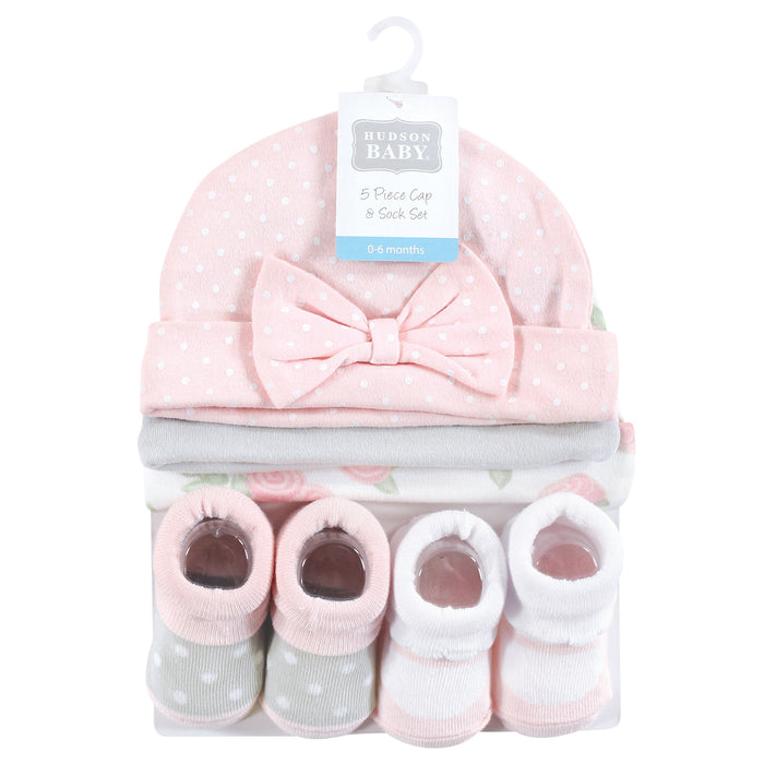 Hudson Baby Infant Girl Cap and Socks Set, 0-9 Months