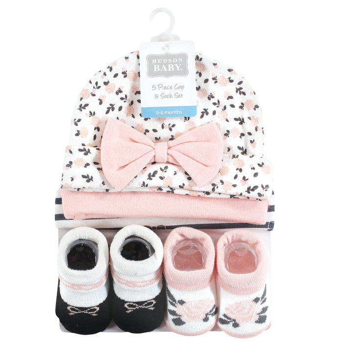 Hudson Baby Infant Girl Cap and Socks Set, 0-9 Months