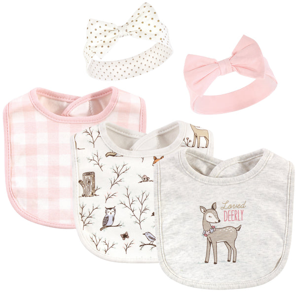 Hudson Baby Infant Girl Cotton Bib and Headband Set 5 Pack, Enchanted Forest, One Size