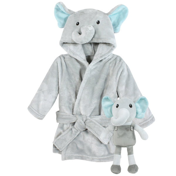 Hudson Baby Plush Bathrobe and Toy Set, Dreamy Elephant Boy, One Size