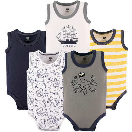 Hudson Baby Infant Boy Cotton Sleeveless Bodysuits 5 Pack, Sea Captain