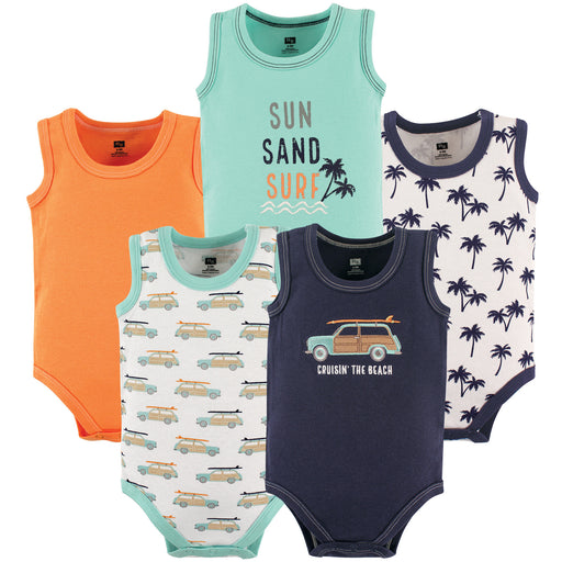 Hudson Baby Infant Boy Cotton Sleeveless Bodysuits 5 Pack, Surf Car