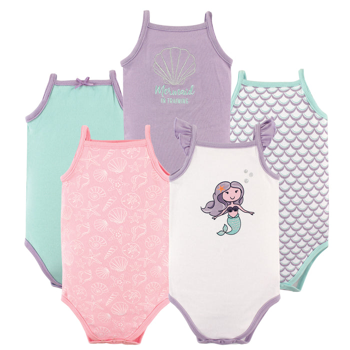 Hudson Baby Infant Girl Cotton Sleeveless Bodysuits 5 Pack, Mermaid