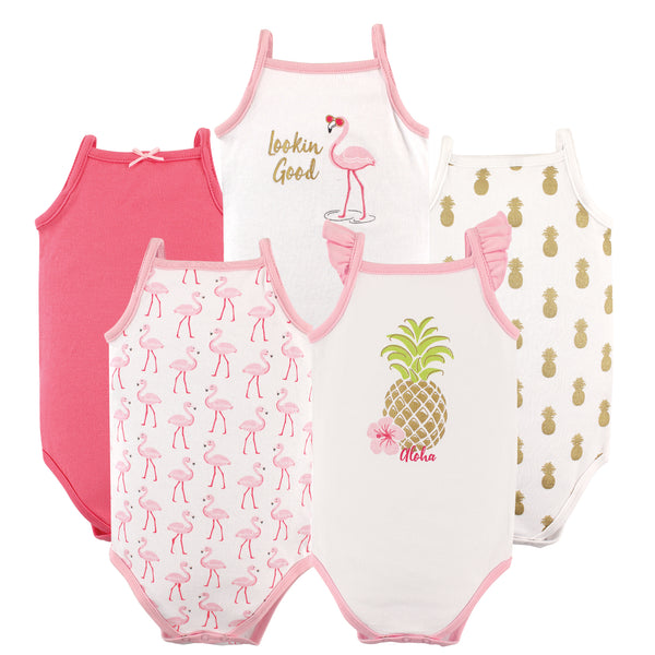 Hudson Baby Infant Girl Cotton Sleeveless Bodysuits 5 Pack, Pineapple