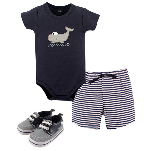 Hudson Baby Infant Boy Cotton Bodysuit, Shorts and Shoe 3 Piece Set, Sailor Whale