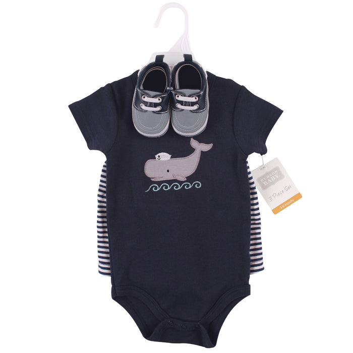 Hudson Baby Infant Boy Cotton Bodysuit, Shorts and Shoe 3 Piece Set, Sailor Whale