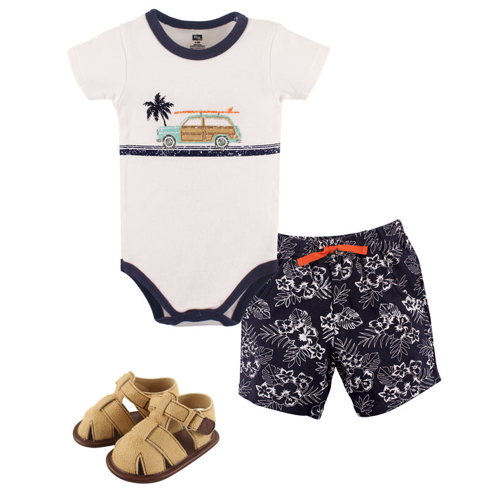 Hudson Baby Infant Boy Cotton Bodysuit, Shorts and Shoe 3 Piece Set, Surf Car