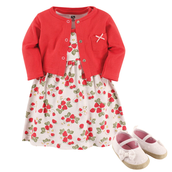 Hudson Baby Infant Girl Cotton Dress, Cardigan and Shoe 3-piece Set, Strawberry