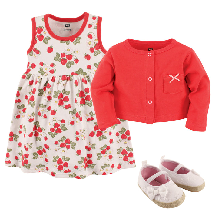 Hudson Baby Infant Girl Cotton Dress, Cardigan and Shoe 3-piece Set, Strawberry