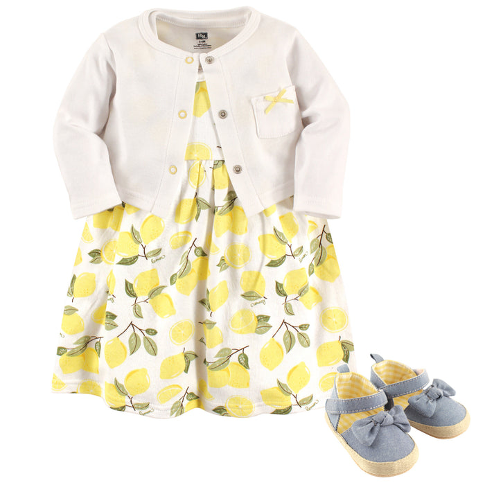 Hudson Baby Infant Girl Cotton Dress, Cardigan and Shoe 3 Piece Set, Lemon