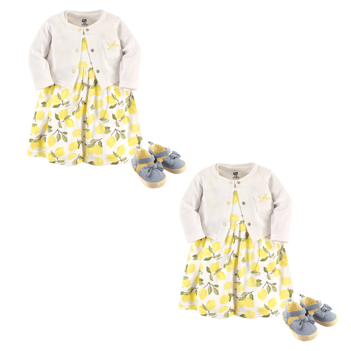 Hudson Baby Infant and Toddler Girl Cotton Dress, Cardigan and Shoe Set, Lemon 6-Piece