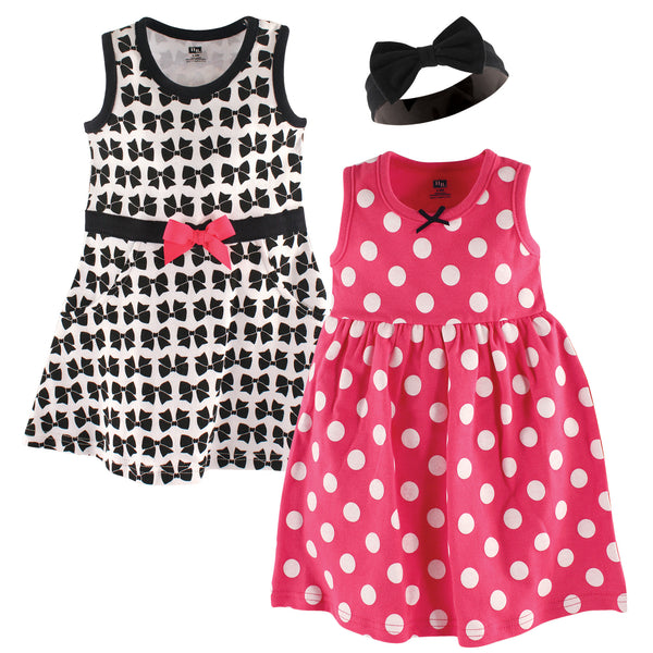 Hudson Baby Infant Girl Cotton Dress and Headband 3 Piece Set, Bow