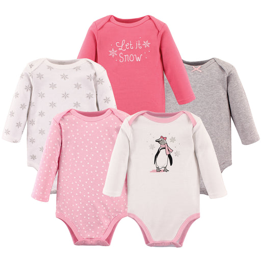 Hudson Baby Infant Girl Cotton Long-Sleeve Bodysuits 5-pack, Pink Penguin