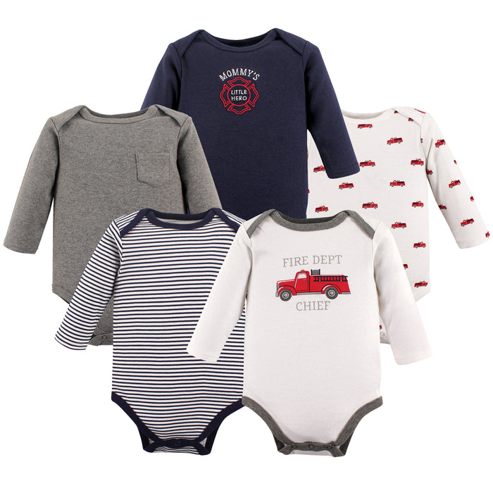 Hudson Baby Infant Boy Cotton Long-Sleeve Bodysuits 5 Pack, Fire Truck