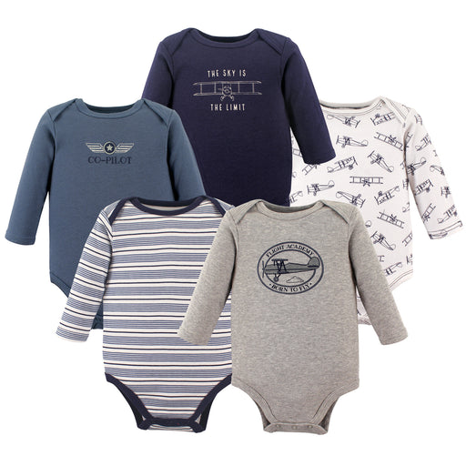 Hudson Baby Infant Boy Cotton Long-Sleeve Bodysuits 5 Pack, Aviation