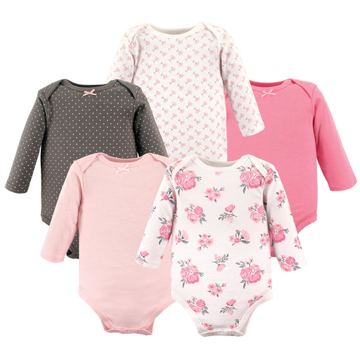 Hudson Baby Girls Cotton Long-Sleeve Bodysuits 5-pack, Basic Pink Floral