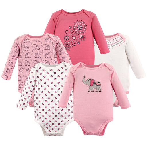 Hudson Baby Infant Girl Cotton Long-Sleeve Bodysuits 5-pack, Boho Elephant
