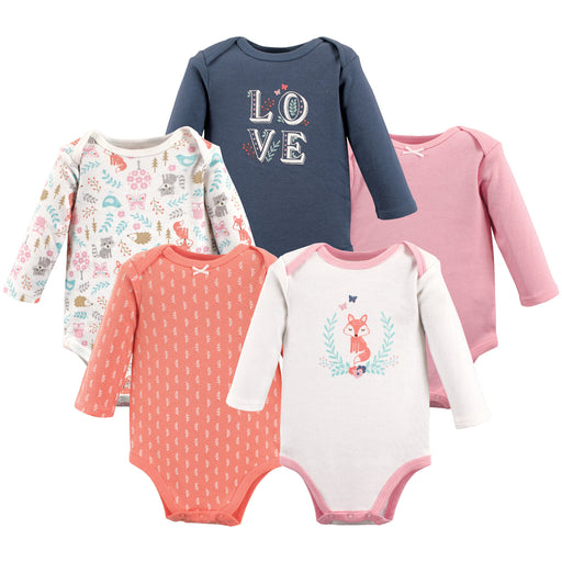 Hudson Baby Infant Girl Cotton Long-Sleeve Bodysuits 5-pack, Woodland Fox