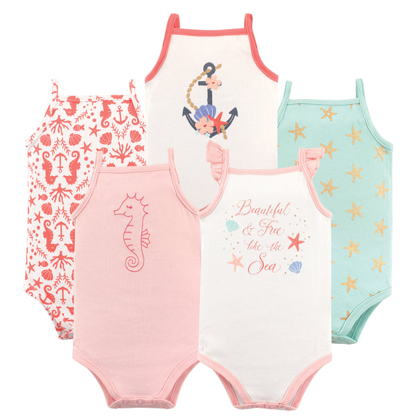 Hudson Baby Infant Girl Cotton Sleeveless Bodysuits 5 Pack, Beautiful Sea