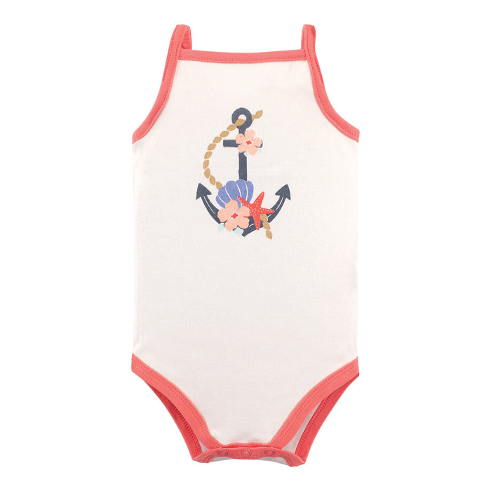 Hudson Baby Infant Girl Cotton Sleeveless Bodysuits 5 Pack, Beautiful Sea