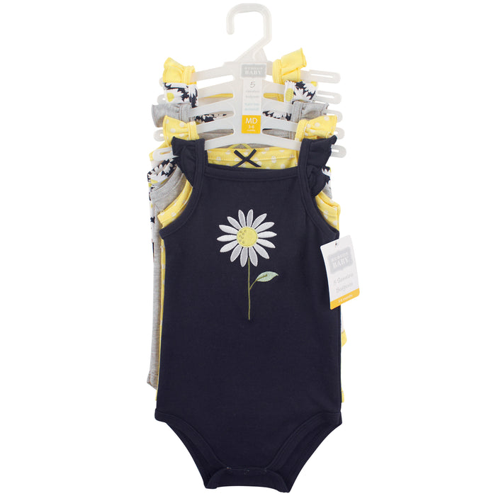 Hudson Baby Infant Girl Cotton Sleeveless Bodysuits 5 Pack, Daisy