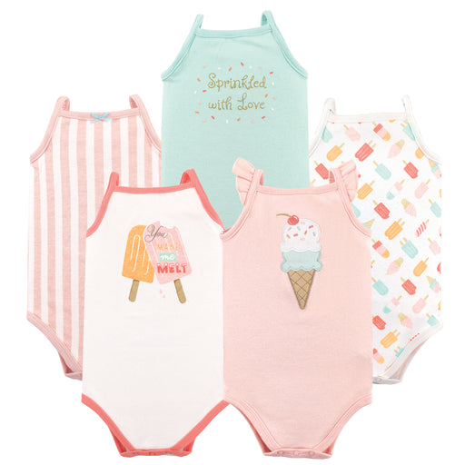 Hudson Baby Infant Girl Cotton Sleeveless Bodysuits 5 Pack, Ice Cream