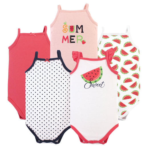 Hudson Baby Infant Girl Cotton Sleeveless Bodysuits 5 Pack, Watermelon