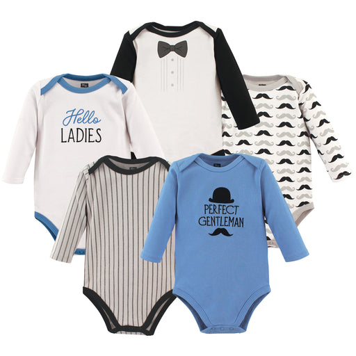 Hudson Baby Infant Boy Cotton Long-Sleeve Bodysuits 5 Pack, Perfect Gentlemen