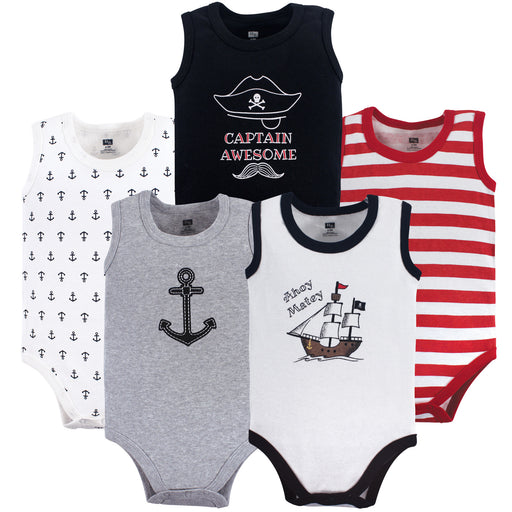 Hudson Baby Infant Boy Cotton Sleeveless Bodysuits 5 Pack, Pirate Ship