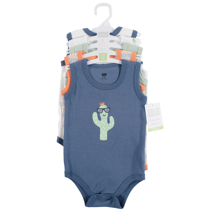 Hudson Baby Infant Boy Cotton Sleeveless Bodysuits 5 Pack, Cactus