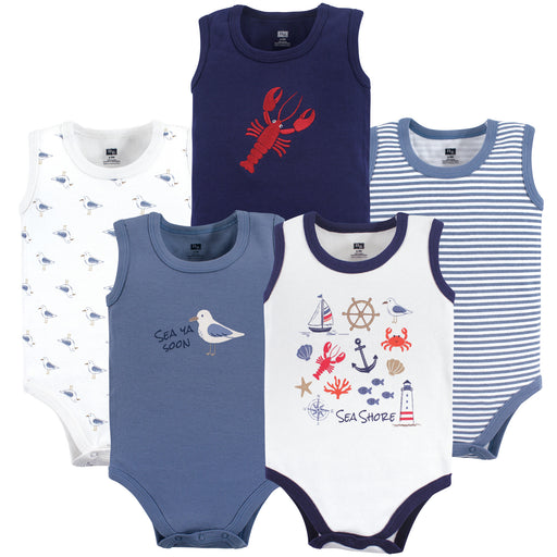 Hudson Baby Infant Boy Cotton Sleeveless Bodysuits 5 Pack, Sea Shore