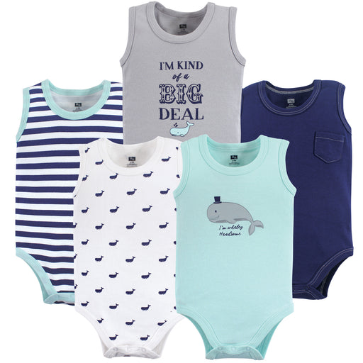 Hudson Baby Infant Boy Cotton Sleeveless Bodysuits 5 Pack, Whale