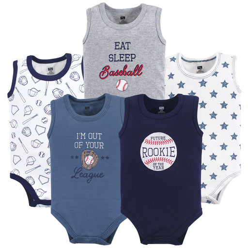 Hudson Baby Infant Boy Cotton Sleeveless Bodysuits 5 Pack, Baseball