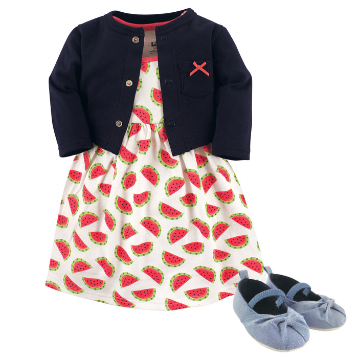 Hudson Baby Infant Girl Cotton Dress, Cardigan and Shoe 3-piece Set, Watermelon