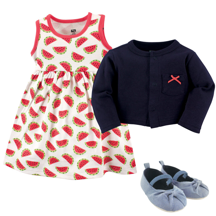 Hudson Baby Infant Girl Cotton Dress, Cardigan and Shoe 3-piece Set, Watermelon