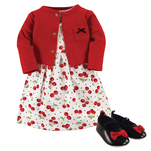 Hudson Baby Infant Girl Cotton Dress, Cardigan and Shoe 3 Piece Set, Cherries