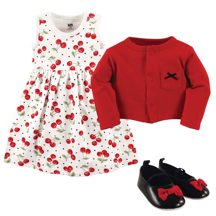 Hudson Baby Infant Girl Cotton Dress, Cardigan and Shoe 3 Piece Set, Cherries