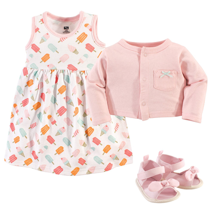 Hudson Baby Infant Girl Cotton Dress, Cardigan and Shoe 3 Piece Set, Ice Cream