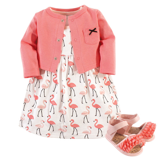 Hudson Baby Infant Girl Cotton Dress, Cardigan and Shoe 3 Piece Set, Flamingos