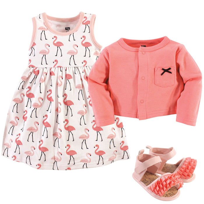 Hudson Baby Infant Girl Cotton Dress, Cardigan and Shoe 3 Piece Set, Flamingos