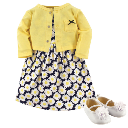 Hudson Baby Infant Girl Cotton Dress, Cardigan and Shoe 3 Piece Set, Daisy