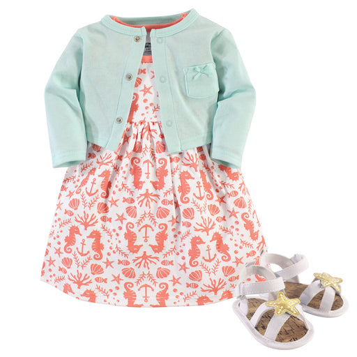 Hudson Baby Infant Girl Cotton Dress, Cardigan and Shoe 3-piece Set, Sea