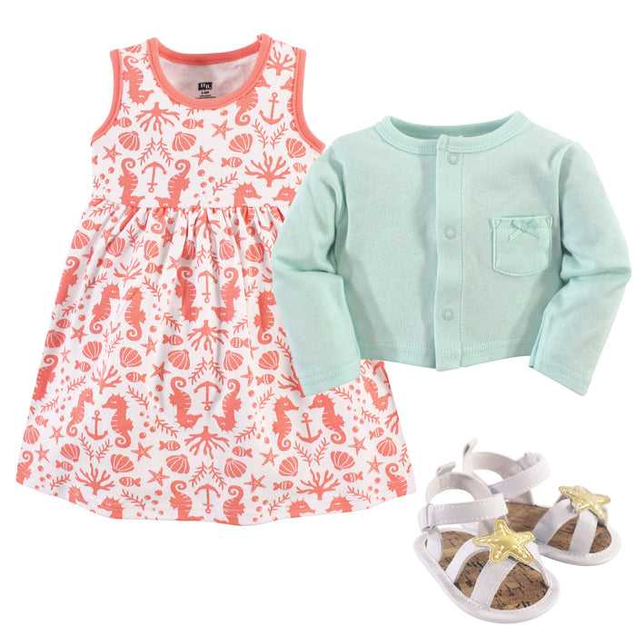 Hudson Baby Infant Girl Cotton Dress, Cardigan and Shoe 3-piece Set, Sea