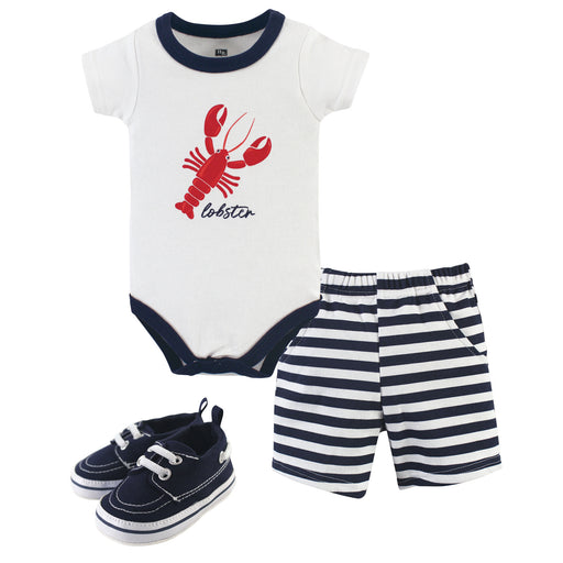 Hudson Baby Infant Boy Cotton Bodysuit, Shorts and Shoe 3 Piece Set, Lobster