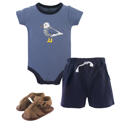Hudson Baby Infant Boy Cotton Bodysuit, Shorts and Shoe 3 Piece Set, Seagull