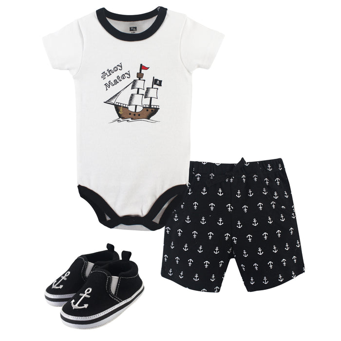Hudson Baby Infant Boy Cotton Bodysuit, Shorts and Shoe 3 Piece Set, Pirate