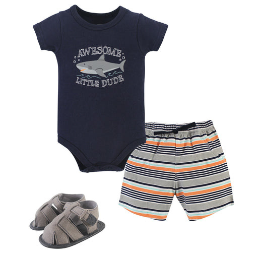 Hudson Baby Infant Boy Cotton Bodysuit, Shorts and Shoe 3 Piece Set, Shark